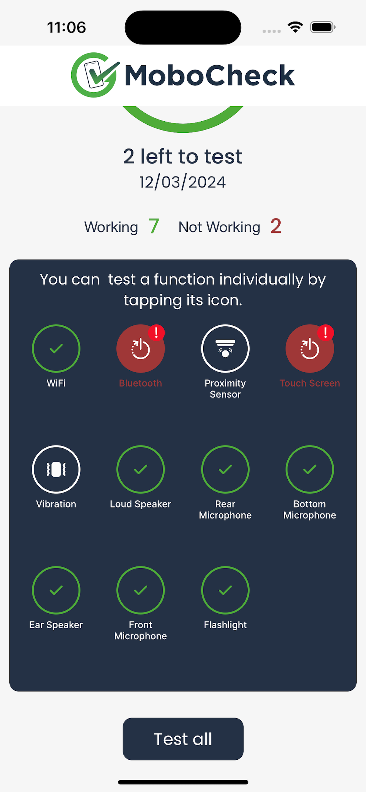 MoboCheck app diagnostic screen